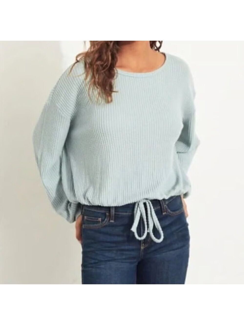 Hollister Open Back Teal Boyfriend Tie Front Waffle Knit Sweater Size Medium